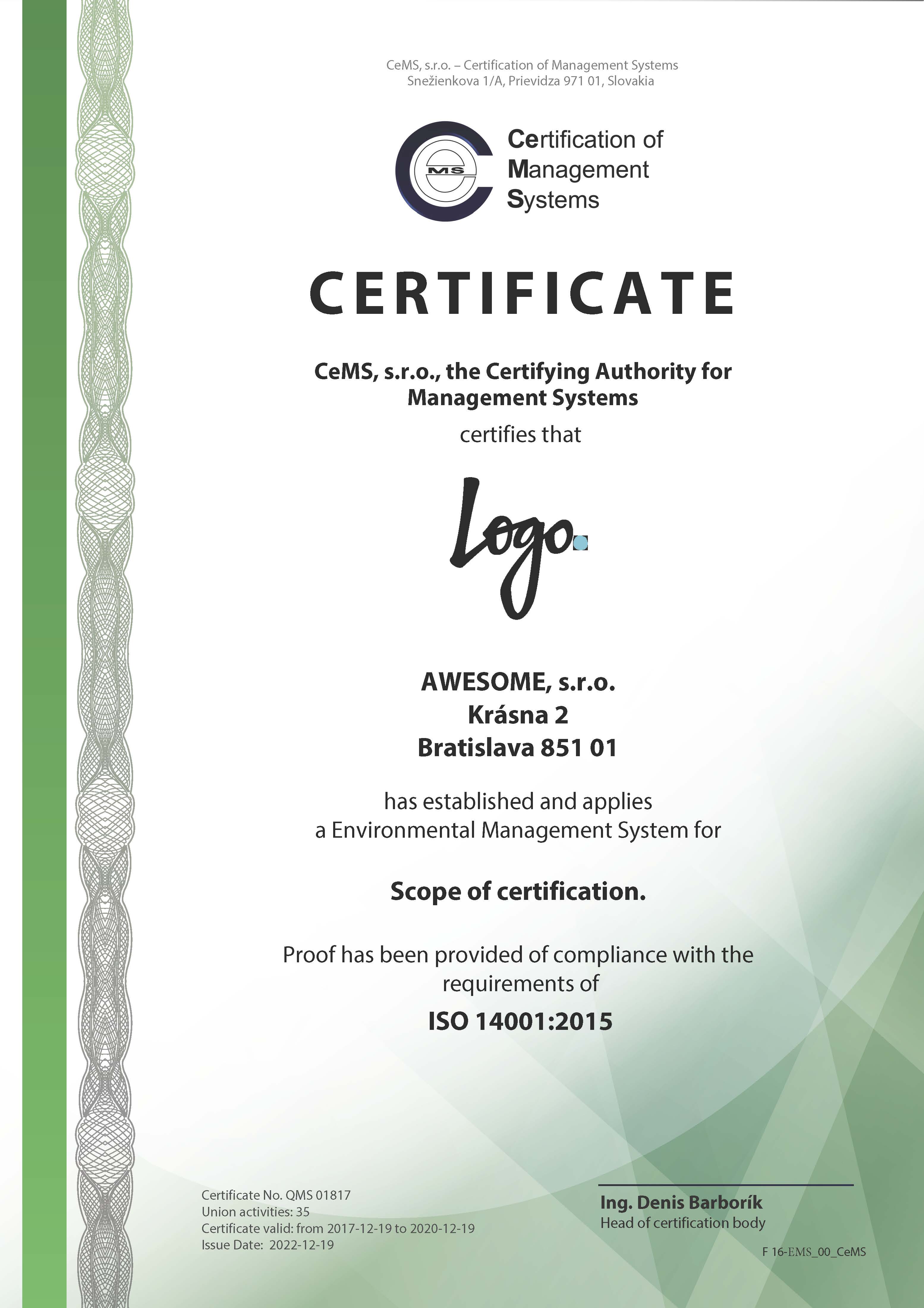 Certificate ISO 14001 by CeMS